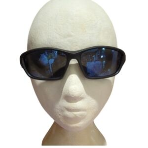 Black Sunglasses with Blue Mirror Lenses – Red Stripe Detail – Unisex – NWOT